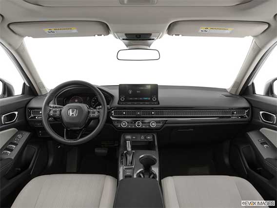 view from above the Honda Civic center drive console looking forward at the front seat area and dashboard.